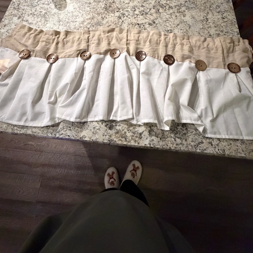 Farm house style Beige and White button accent Valance 3 piece set.